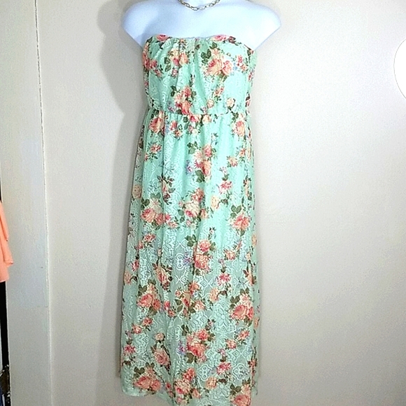 Milkmaid Dress Lace maxi strapless floral print tube Pastel green peach Y2k Nap - Picture 1 of 5